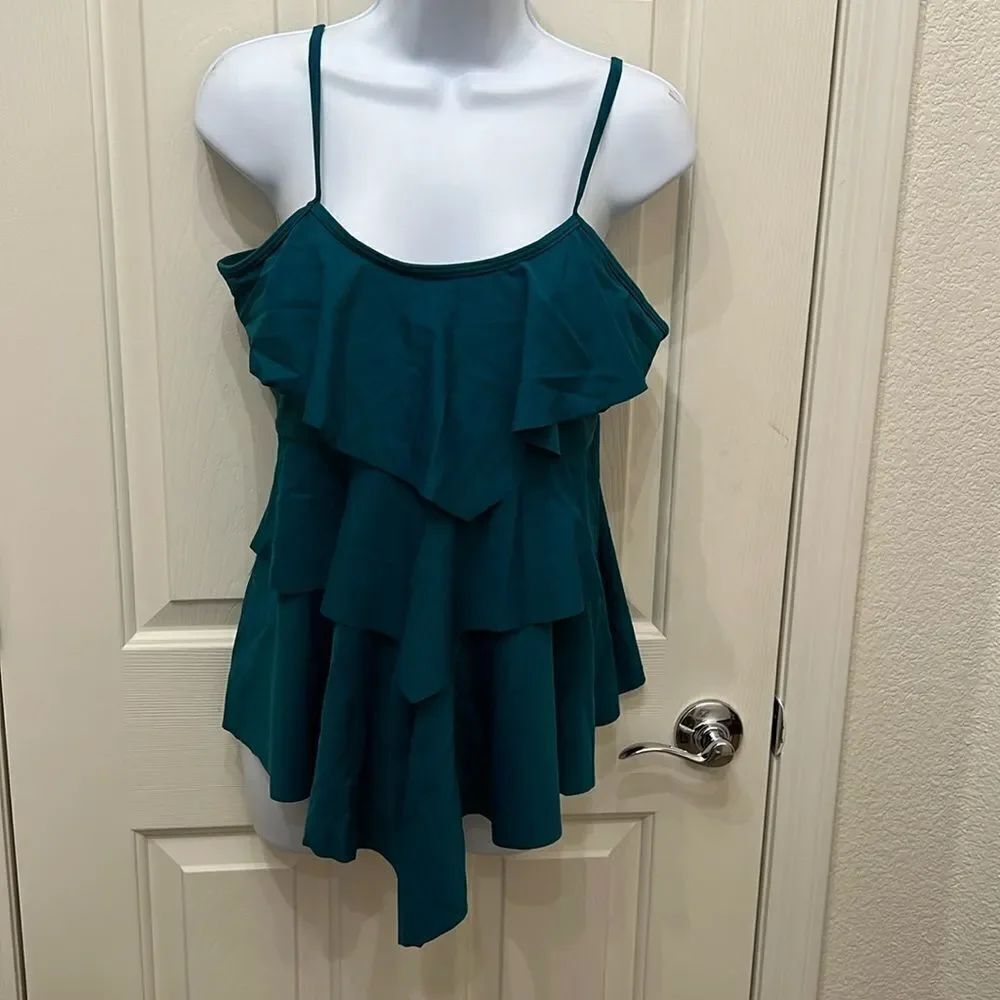 Holipick Swim Top Sz XLarge Teal Green Ruffled Scoop Neck Adjustable Straps New